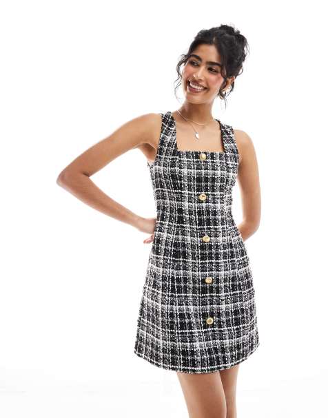 Miss Selfridge boucle pinny dress in mono check - view 1