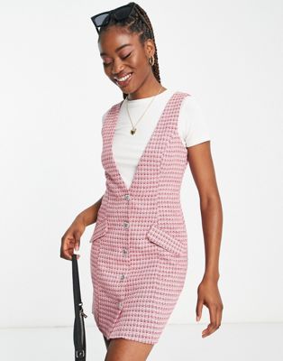 Miss Selfridge boucle pinny dress with diamante heart buttons in pink