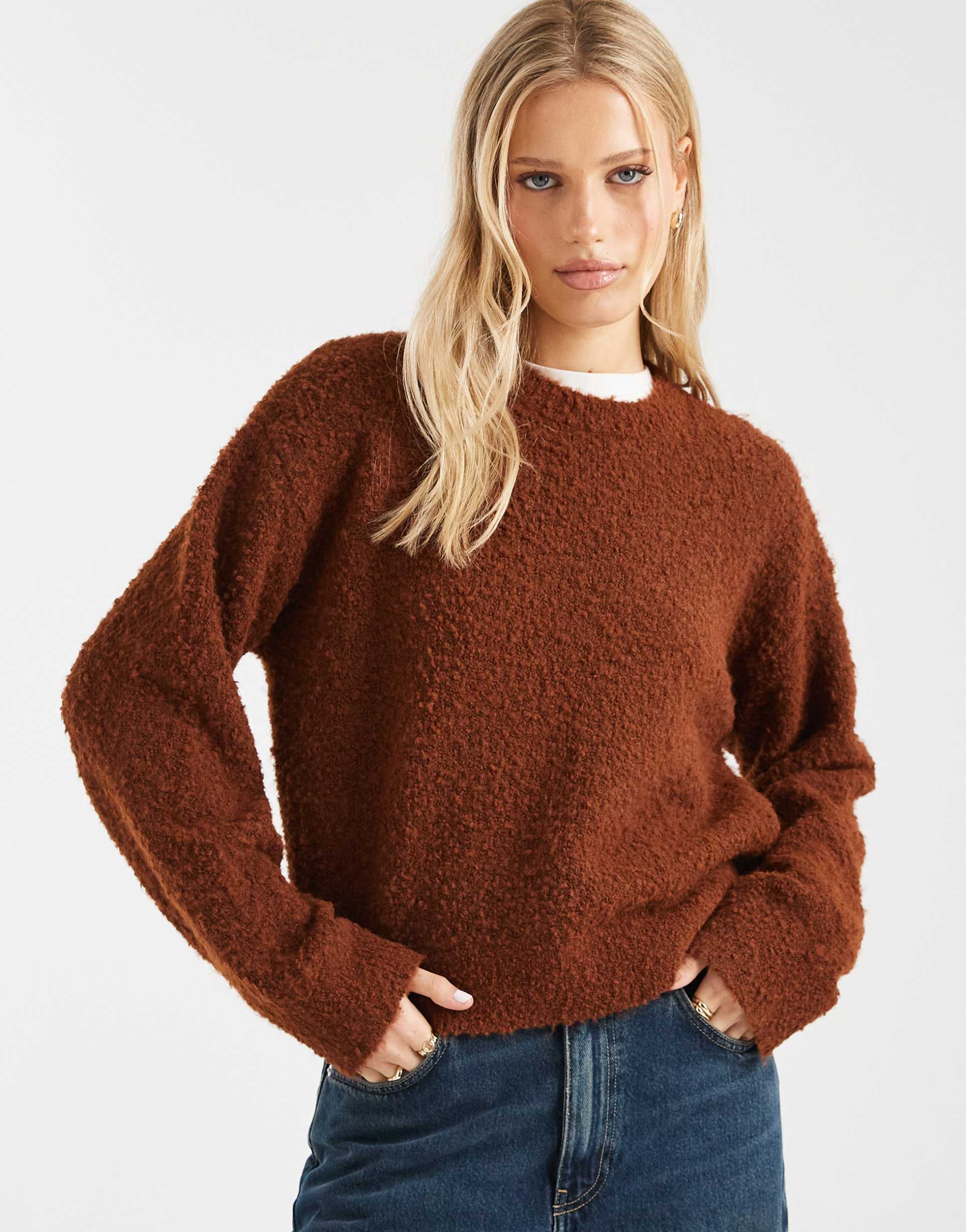 miss selfridge bouclé slouchy sweater in rust