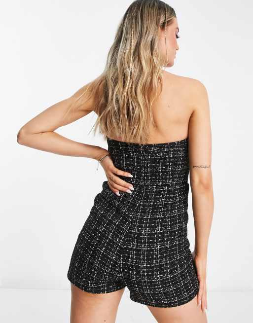 Miss Selfridge - Bouclé strapless playsuit met ruiten in zwart , 3 van 4