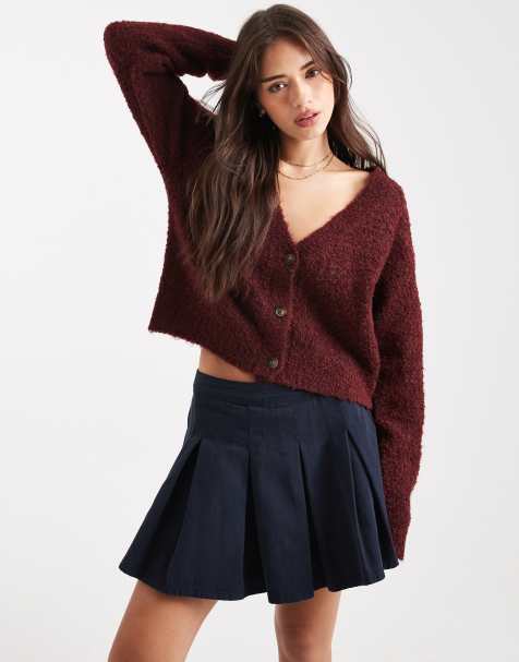 Miss Selfridge boucle V neck cardigan in plum - view 1