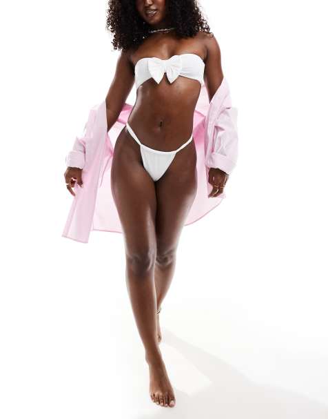 Miss Selfridge bow back high leg bikini bottom in cream - view 1