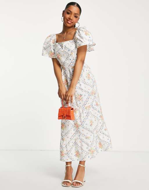 Miss Selfridge bow back poplin maxi dress in wallpaper floral