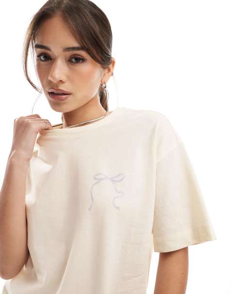 Miss Selfridge bow back printed oversized t-shirt in white - view 1