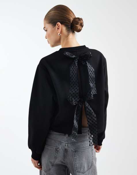 Miss Selfridge bow back sweatshirt in black - view 1