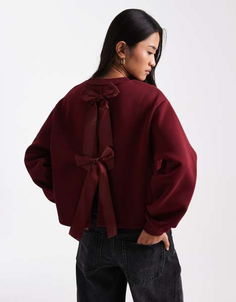 Miss Selfridge bow back sweatshirt in plum - view 1
