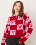 [Miss Selfridge] Miss Selfridge bow detail cardigan in red and pink-Multi XS Red and pink