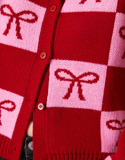 Miss Selfridge bow detail cardigan in red and pink