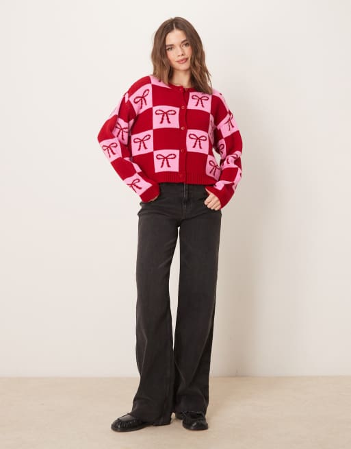 Miss Selfridge bow detail cardigan in red and pink, 3 of 4