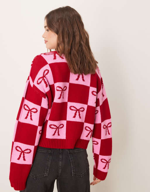 Miss Selfridge bow detail cardigan in red and pink