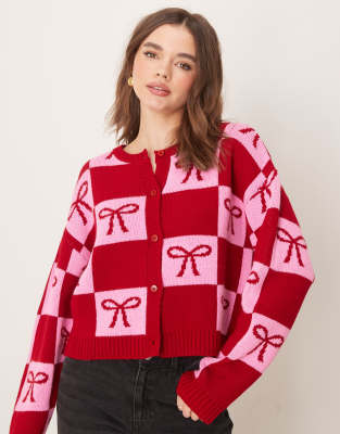 Miss Selfridge Bow Detail Jacquard Knit Cardigan In Pink And Red-multi