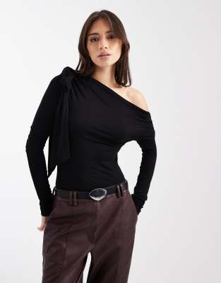 Miss Selfridge Bow Detail Off The Shoulder Bodysuit In Black