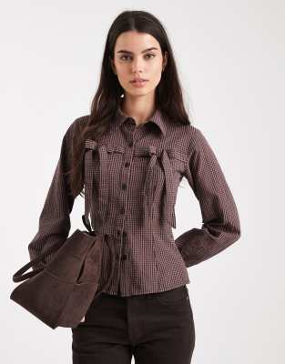 Miss Selfridge Bow Detail Shirt In Brown