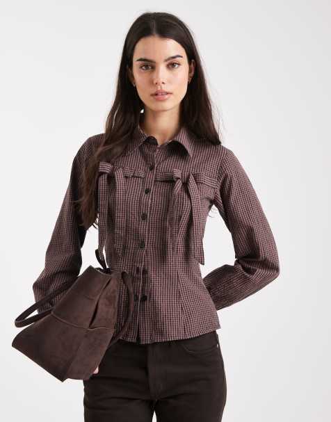 Miss Selfridge bow detail shirt in brown gingham - view 1