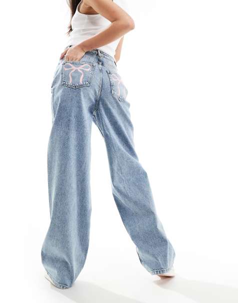 Miss Selfridge bow pocket baggy jean in acid wash - view 1
