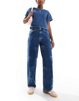 bow print baggy jeans-Blue