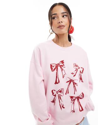 Shop Miss Selfridge Bow Print Oversized Sweatshirt In Pink