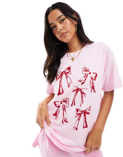 Miss Selfridge bow print oversized t-shirt in pink - view 1