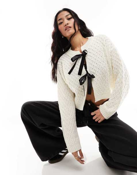 Miss Selfridge bow tie detail cardigan in cream - view 1