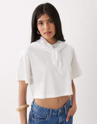 Miss Selfridge Boxy Cotton T-shirt With Lace Scarf In White