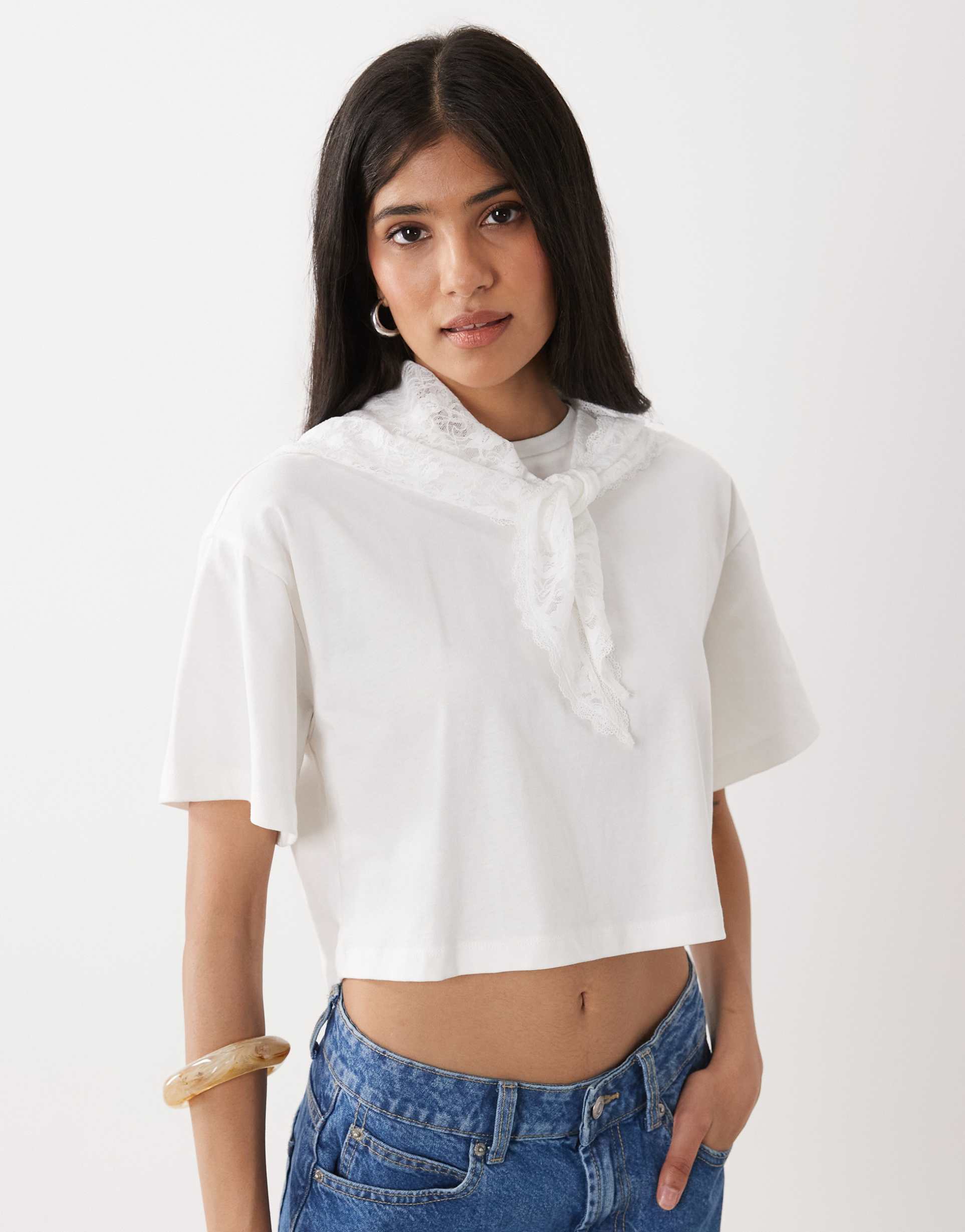miss selfridge boxy cotton t-shirt with lace scarf in white