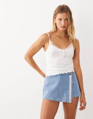 Miss Selfridge Boxy Denim Skirt With Broderie Trim In Blue