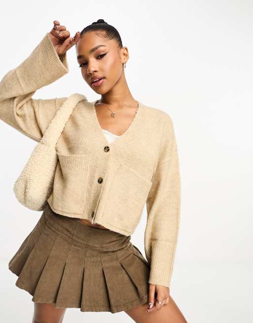 Miss Selfridge boxy pocket detail cardigan in taupe