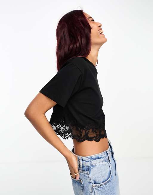 Black lace crop 2025 top short sleeve