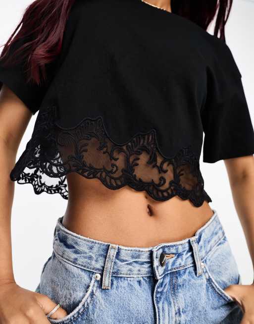 Miss Selfridge boxy short sleeve crop top with lace hem in black