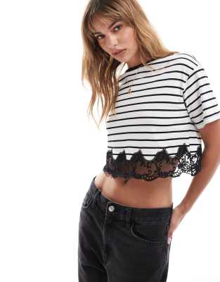 Miss Selfridge Boxy Short Sleeve Crop Top With Lace Hem In Mono Stripe-multi In Multi
