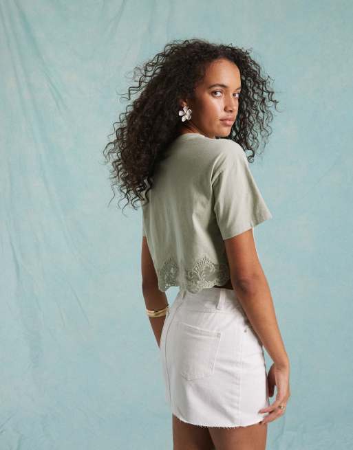 Miss Selfridge boxy short sleeve crop top with lace hem in sage, 3 of 4