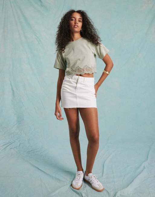Miss Selfridge boxy short sleeve crop top with lace hem in sage, 4 of 4