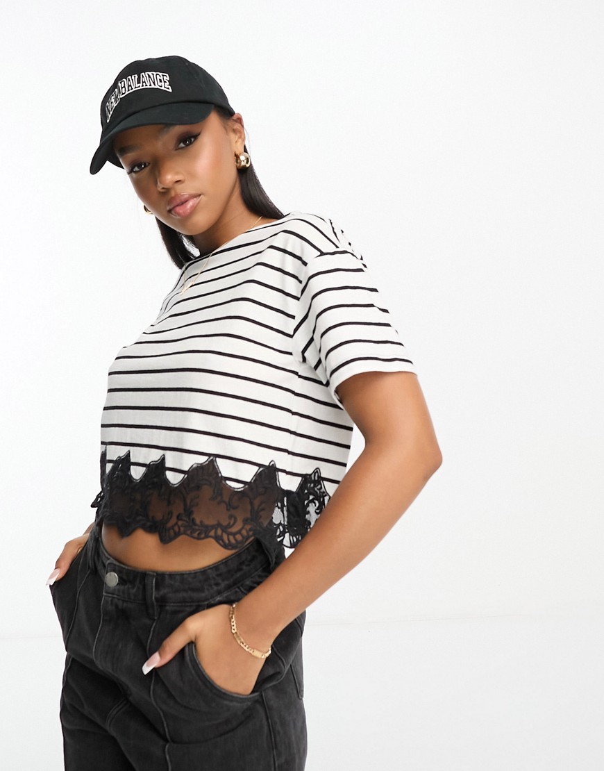 Miss Selfridge boxy short sleeve stripe crop top with lace hem in black and white-Multi