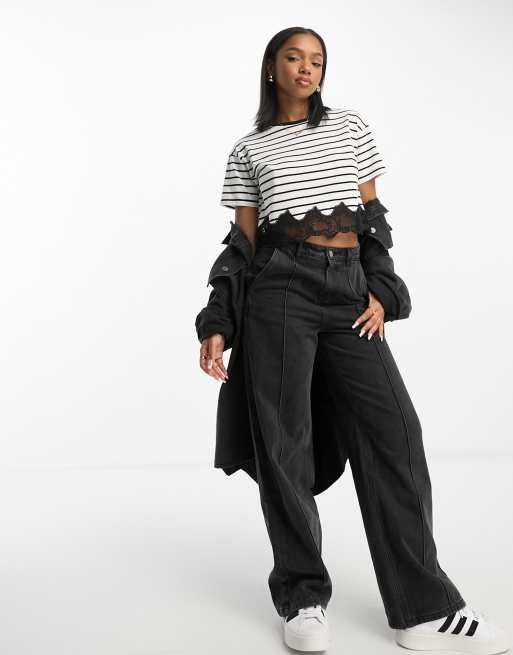 Miss Selfridge boxy short sleeve stripe crop top with lace hem in black and white, 2 of 4