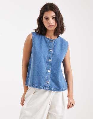 Miss Selfridge Miss Selfridge boxy waistcoat in mid wash-Blue