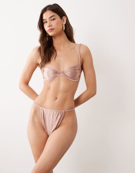 Miss Selfridge braided ruched cup satin bikini in dusty pink - view 1