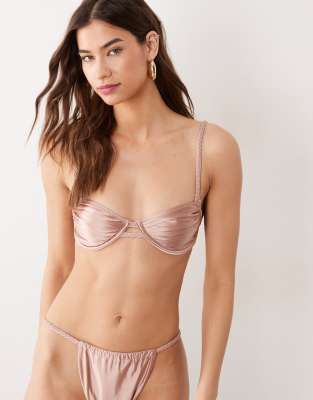 Miss Selfridge Braided Ruched Cup Satin Bikini Top In Pink
