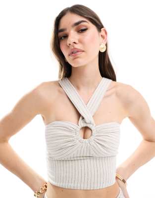 Miss Selfridge - Bralette aus Leinenmix mit Ringdetail in Natur gestreift-Neutral