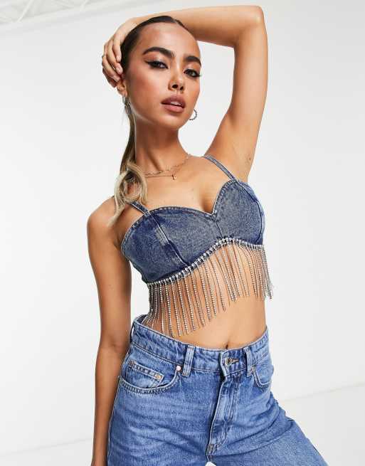 Miss Selfridge - Bralette met franjes van siersteentjes in blauw met donkere wassing
