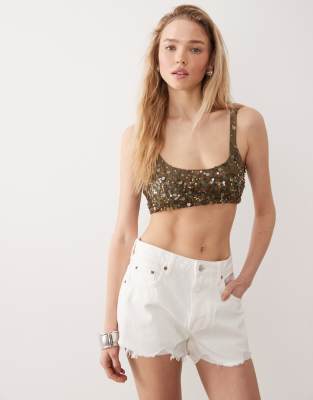 Brassière de plage de qualité supérieure à sequins - Olive-Vert S