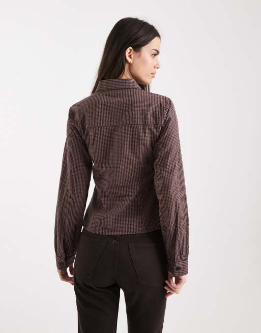 Miss Selfridge – Brązowa koszula w kratkę z kokardkami, 4 z 4