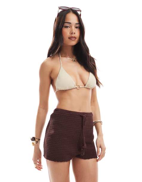 Miss Selfridge – Brązowe festiwalowe szorty szydełkowane booty - view 1