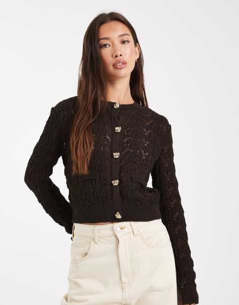 Miss Selfridge open knit cardigan with button detail in brown