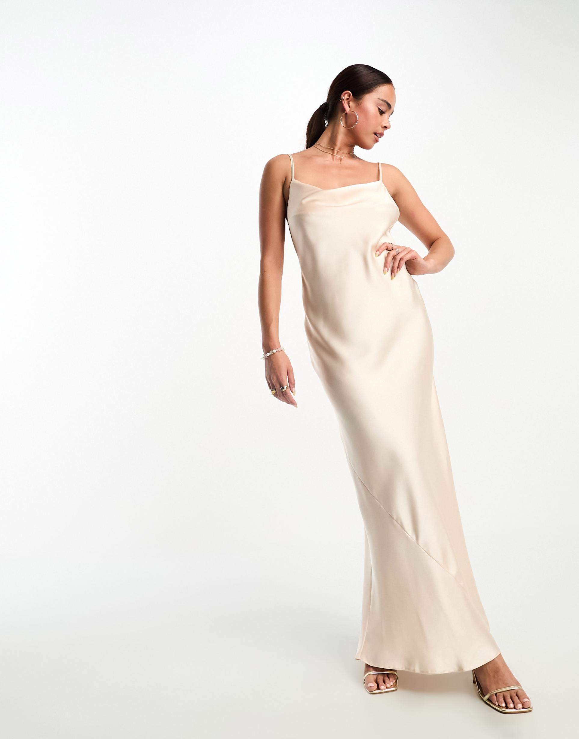 miss selfridge bridesmaid satin cowl maxi slip dress in blush