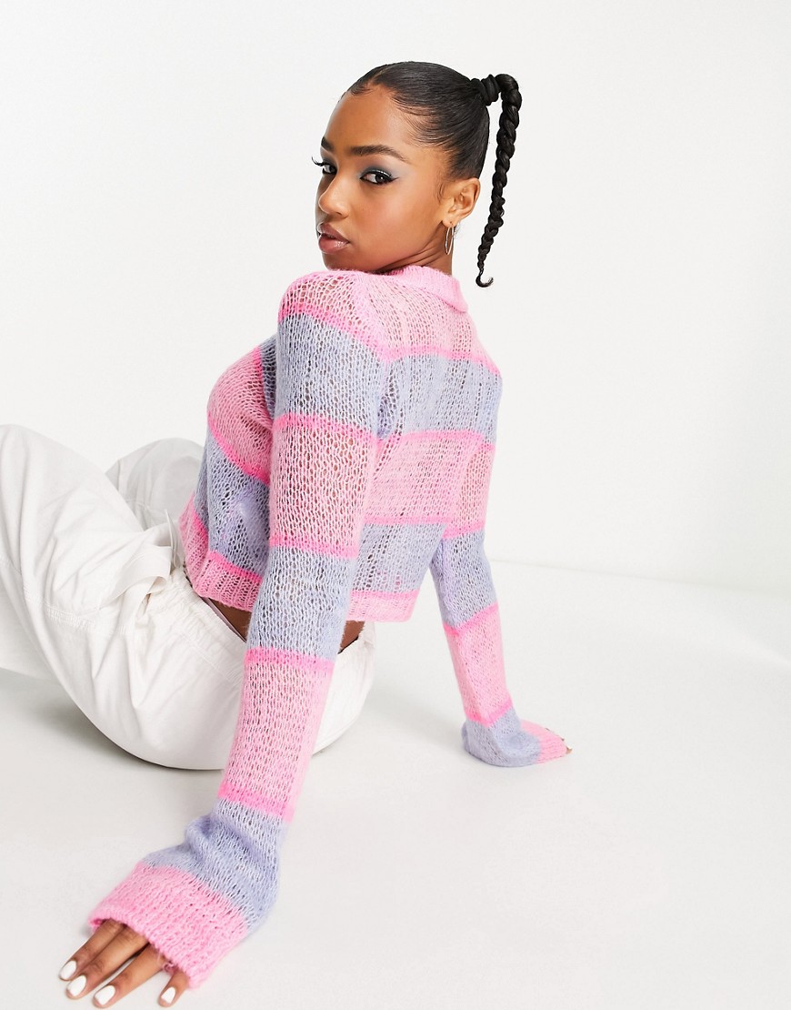 Miss Selfridge bright stripe open knit crop sweater-Pink