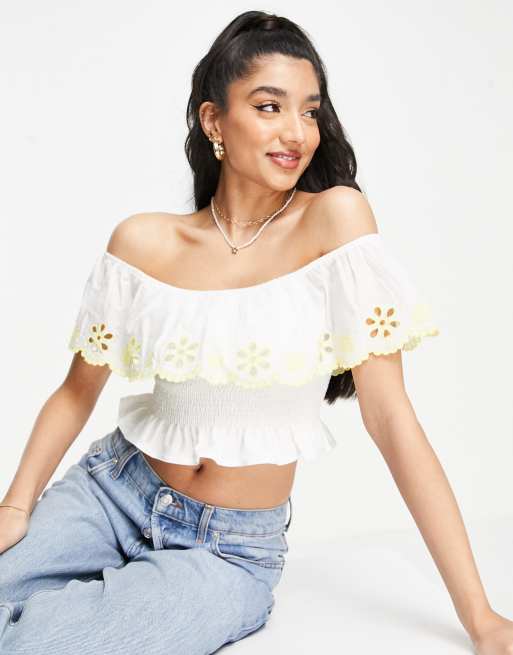 Miss Selfridge – Broderad bardot-topp med kontrastfärgade sömmar 