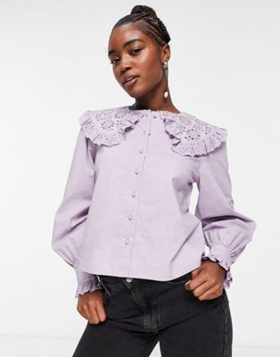 Miss Selfridge broderie collared shirt in lilac - ASOS Price Checker