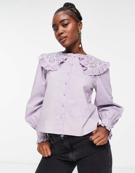 Miss Selfridge broderie collared shirt in lilac - view 1