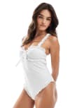 [Miss Selfridge] Miss Selfridge broderie corset detail tie front swimsuit in cream-White 14 CREAM