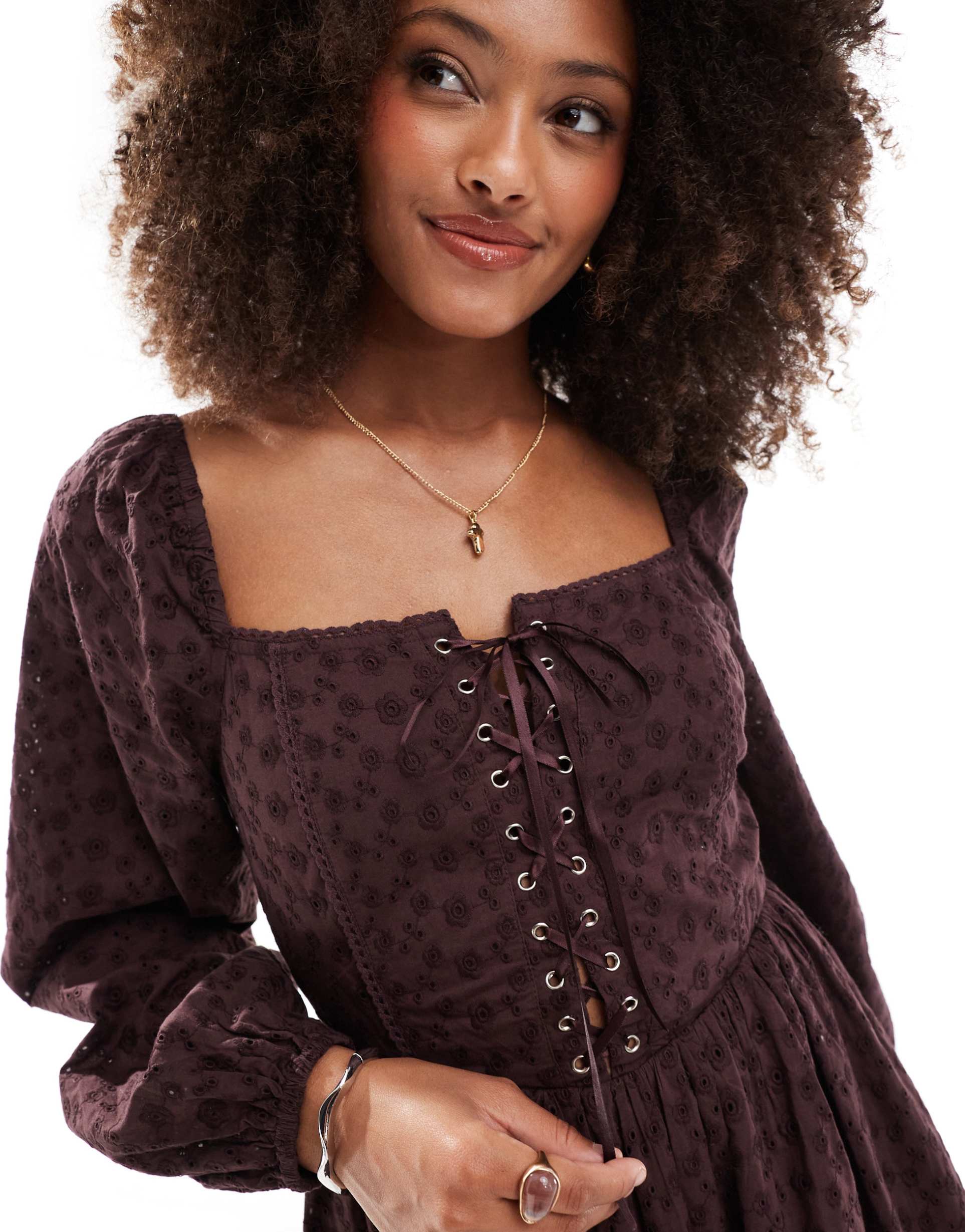 miss selfridge broderie corset mini dress in choc